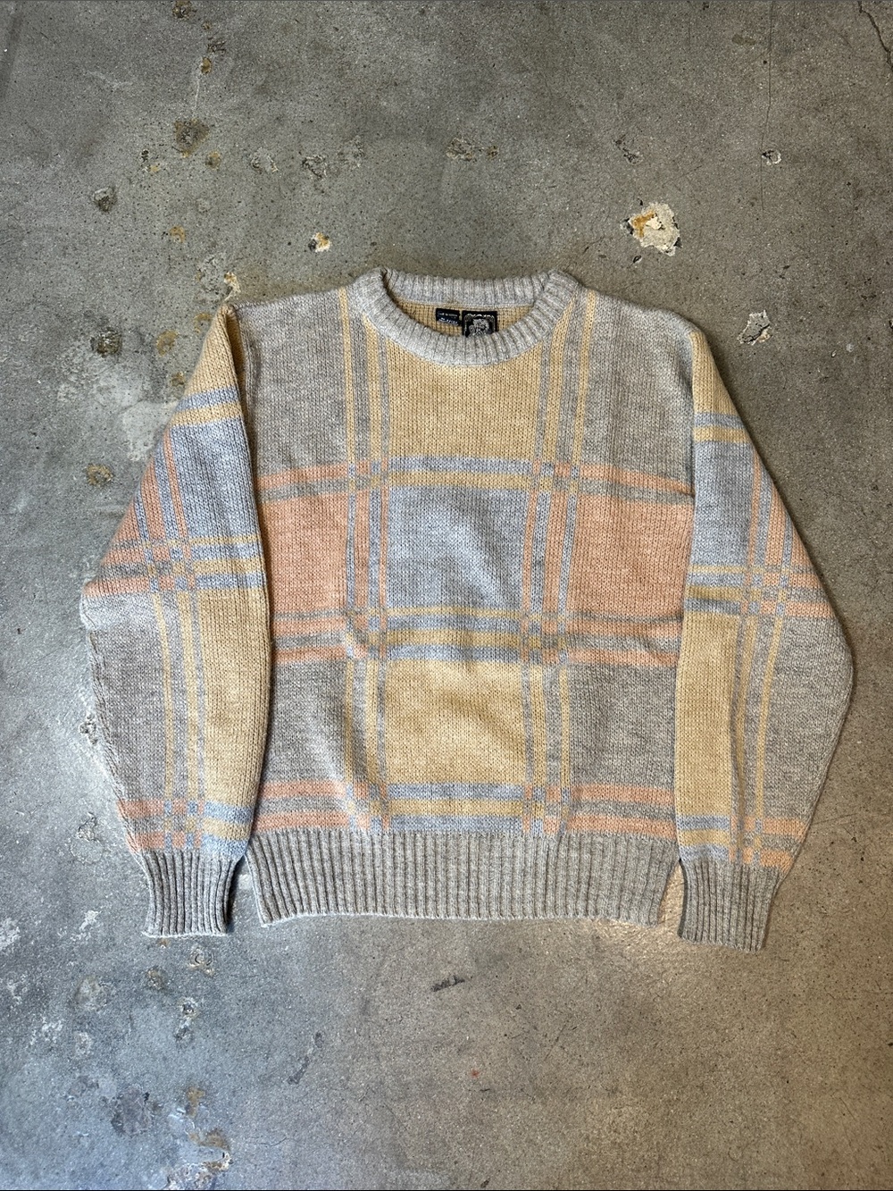 Vintage Kennington Ltd. Plaid Crewneck Sweater in Pastel Yellow & Light Gray